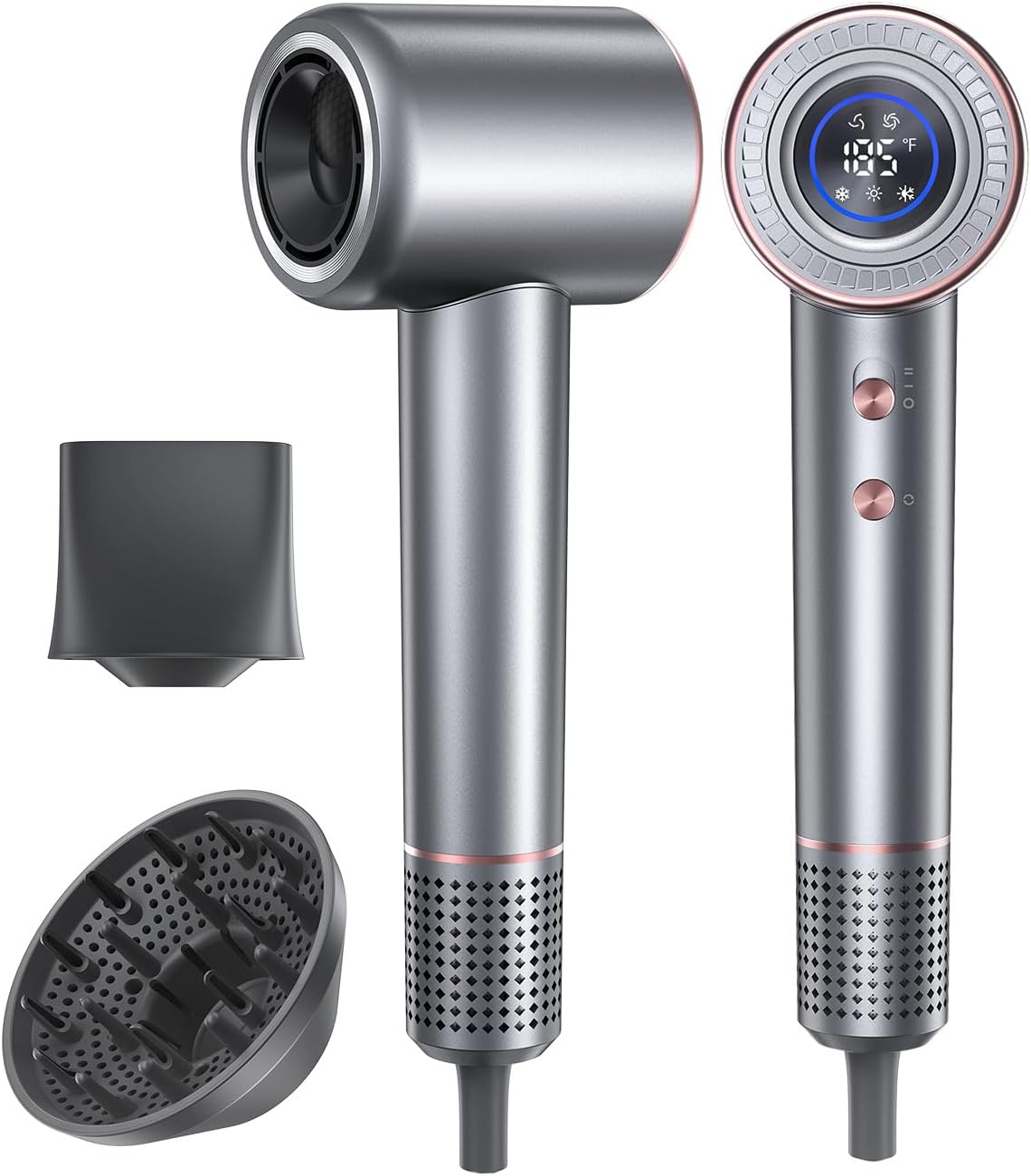 Hair Dryer,110000 RPM High-Speed Brushless Motor Negative Ionic Blow Dryer for Fast Drying,Low Noise Thermo-Control Hair Dryer with Diffuser and Nozzle Grey Gold,Lightweight for Home and Travel