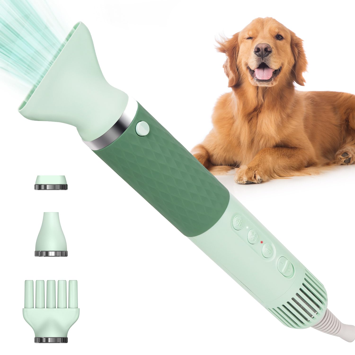 Dog Hair Dryer for Pet Grooming High Velocity Force Blower - Lightweight Portable Dog Dryer for Small Medium Large Dogs Grooming Hair Dryer - 4 Levels Temperature 3 Blow Speed 4 Nozzle Green