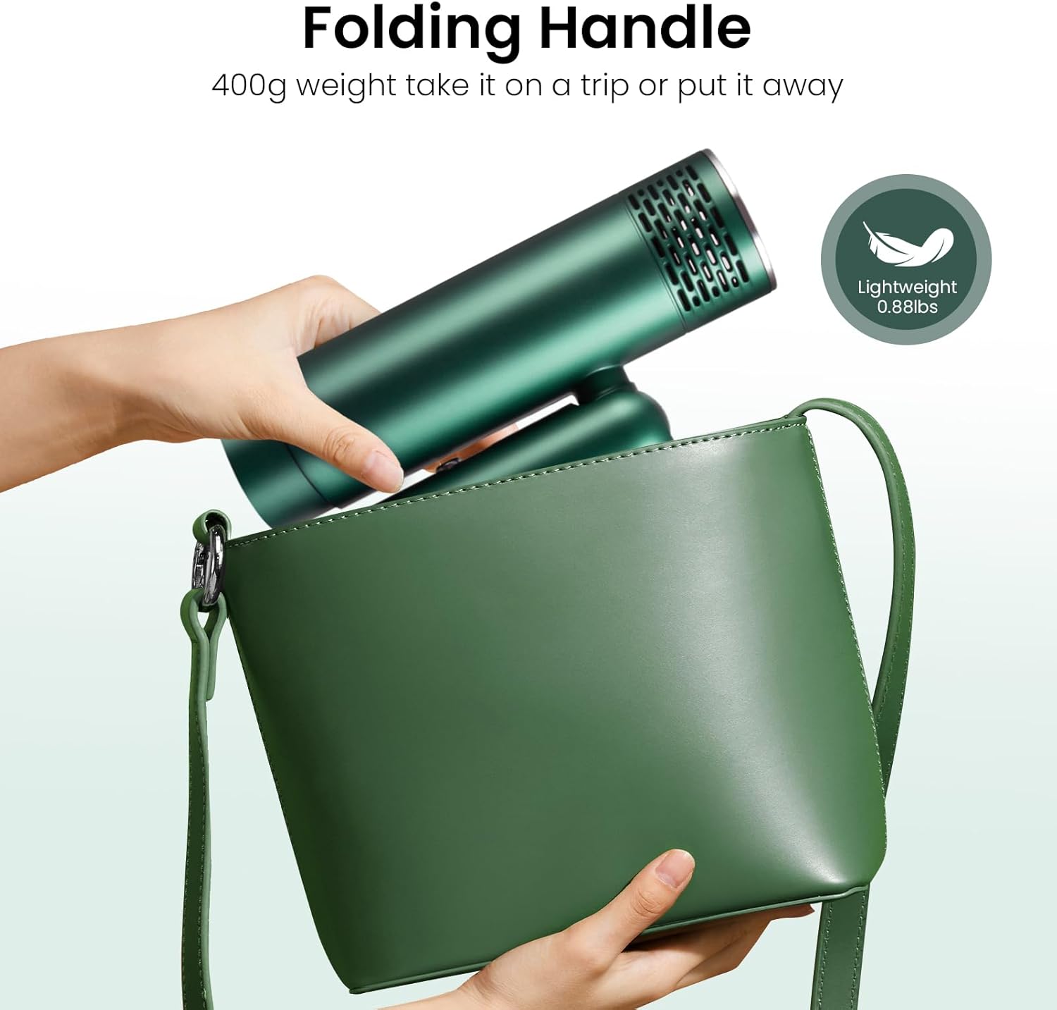 Foldable Hair Dryer, Fast Drying Ionic Blow Dryer, Travel Hair Blow Dryer with Removable Nozzle and Storage Bag, Lightweight Portable Hairdryer for Women, Green - Image 2