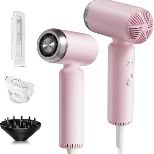 Hair Dryer, [Super Mini] Ionic High-Speed Travel Blow Dryer with Diffuser 200 Million Negative Ions, 110,000RPM Brushless Motor for Home Salon Fast Drying Portable Lightweight, Pink