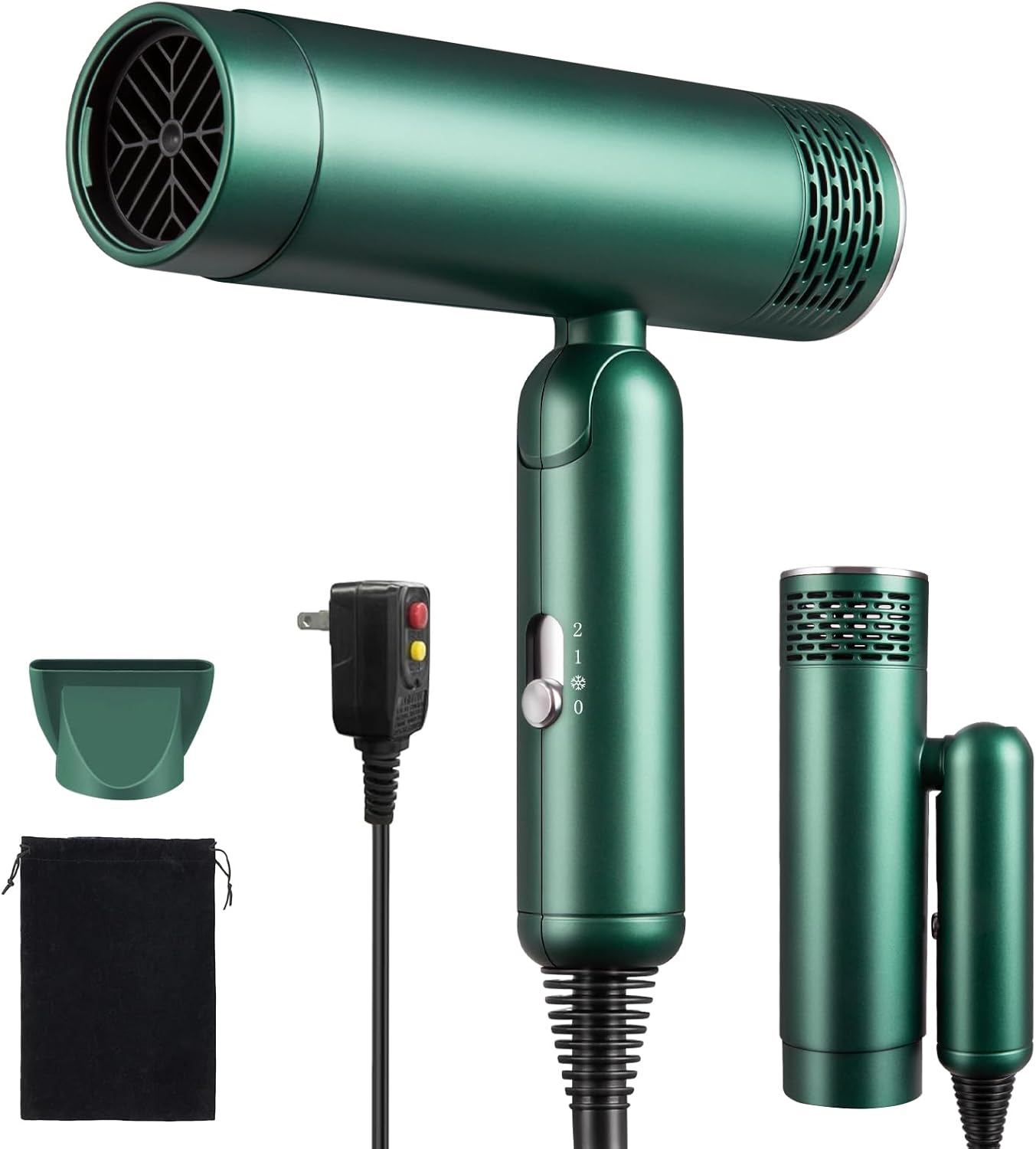 Foldable Hair Dryer, Fast Drying Ionic Blow Dryer, Travel Hair Blow Dryer with Removable Nozzle and Storage Bag, Lightweight Portable Hairdryer for Women, Green