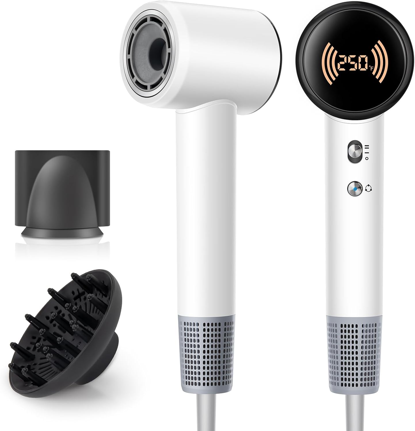 Hair Dryer,Travel Hair Dryer with Diffuser,110000 RPM High Speed Ionic Blow Dryer,Temperature Display,Low Noise&Lightweight Blow Dryer,Fast-Drying,No Heat Damage,Suitable for All Hairstyles(White)