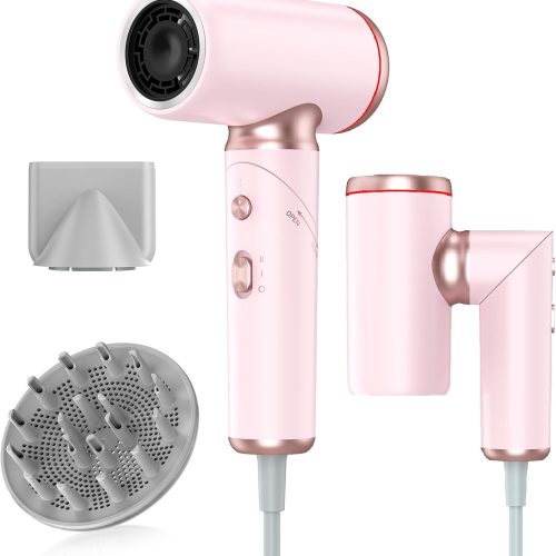 Dual Voltage Travel Hair Dryer with Diffuser for Fast Drying, High Speed Ionic Blow Dryer Foldable for Europe,Portable Dryers with Magnetic Nozzles,1300W, 100-240V, Pink