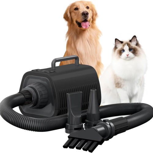 Dog Dryer, high-Speed Professional pet Grooming Dryer, 55MPH-190MPH,9 Adjustable Wind Speed and Temperature Settings，Fast Drying, 3 Different nozzles, Suitable for All Kinds of Pets（Black）