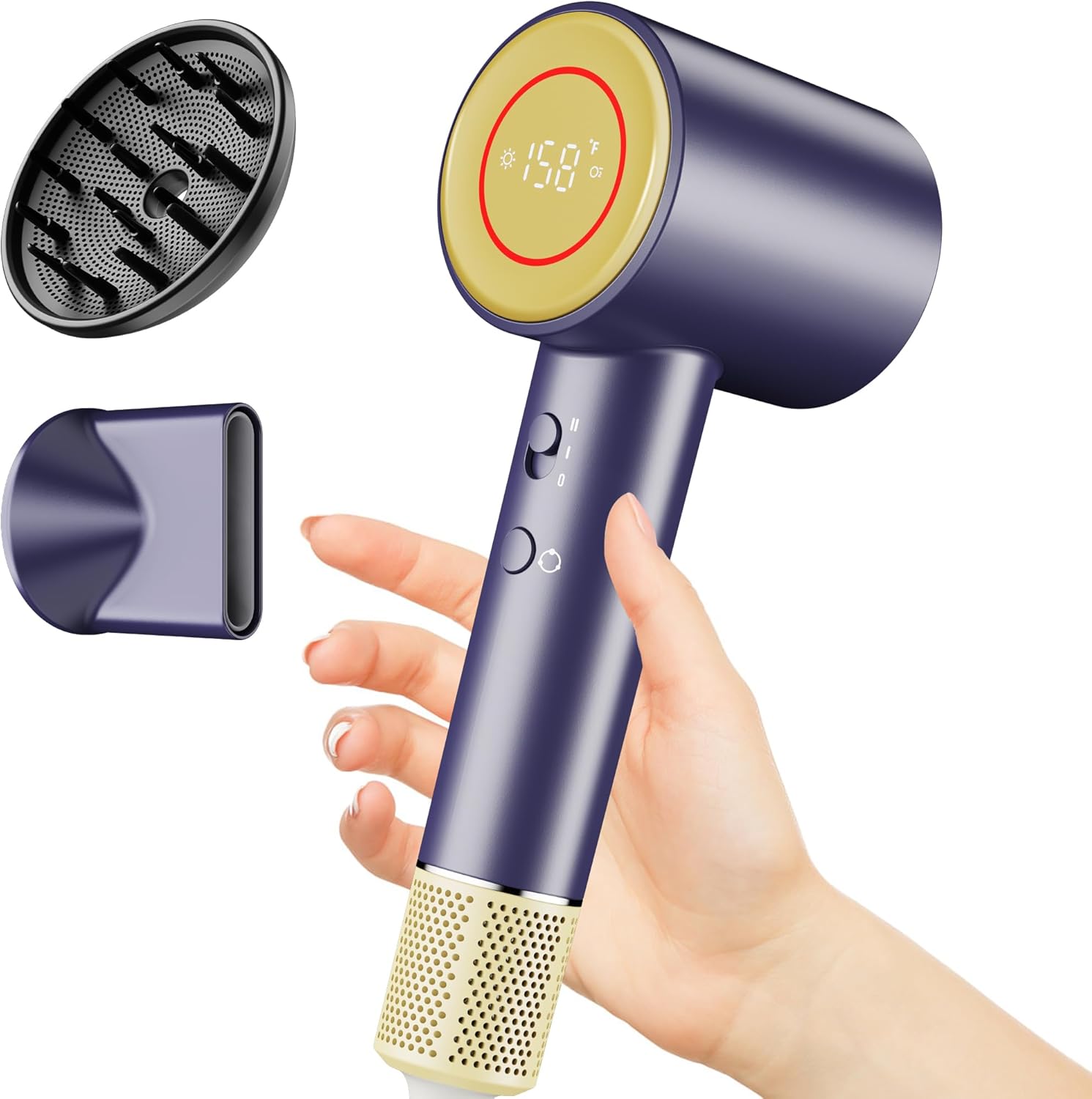 Travel Curly Hair Blow Dryer - Professional Ionic Hair Dryer with Diffuser & Nozzle Attachments (Dark Blue)