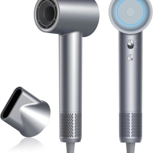 Hair Dryer, fei Negative Ion Blow Dryer, 110, 000 RPM Brushless Motor, 3 Heat Settings, 360° Rotating Magnetic Nozzle, High-Speed Low Noise Hair Dryer for Home and Trave (Silver Blue)