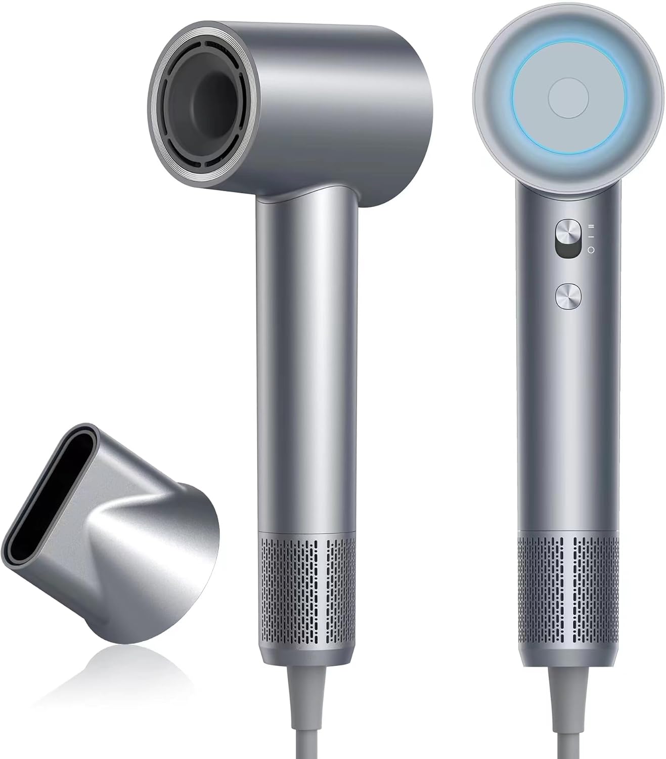 Hair Dryer, fei Negative Ion Blow Dryer, 110, 000 RPM Brushless Motor, 3 Heat Settings, 360° Rotating Magnetic Nozzle, High-Speed Low Noise Hair Dryer for Home and Trave (Silver Blue)