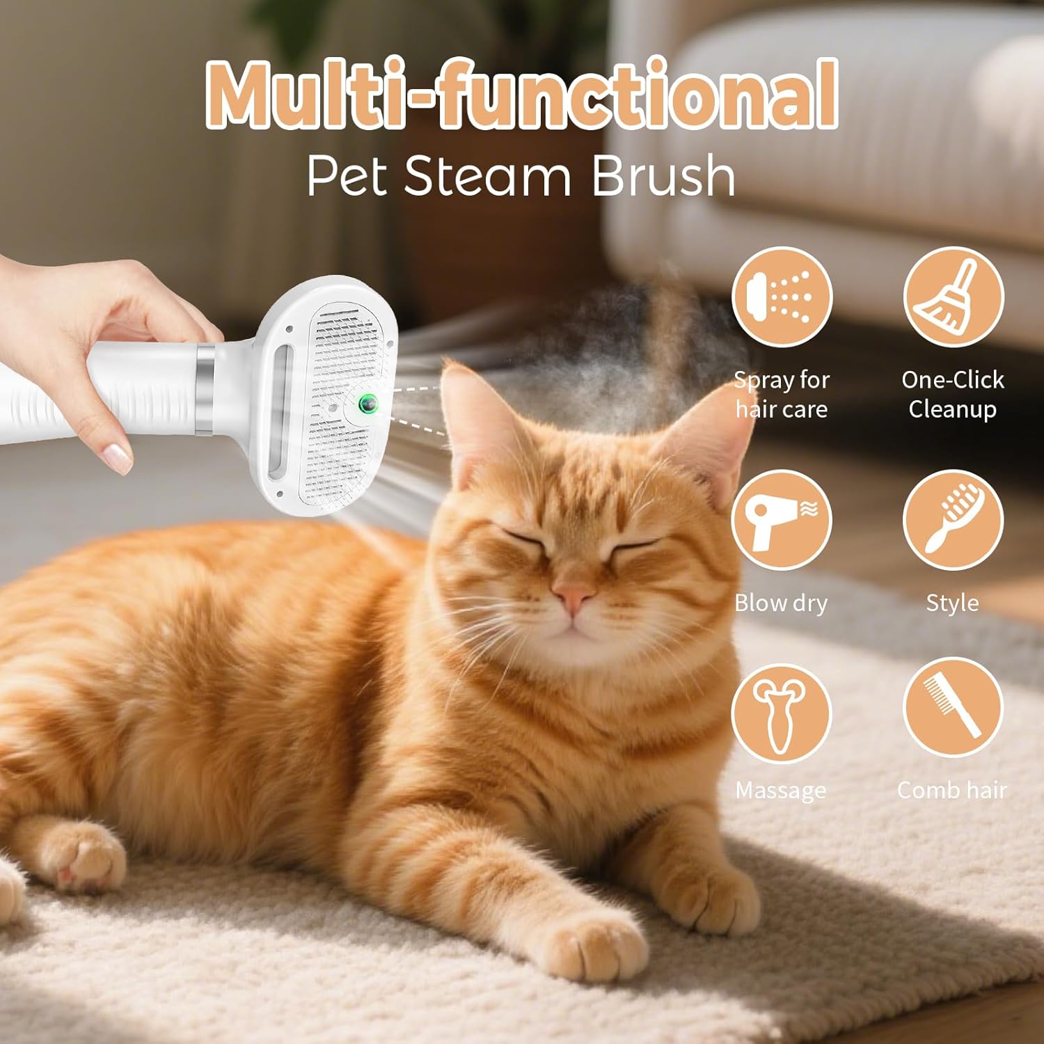 Cat Steam Brush with 600W High-Power Pet Dryer, Pet Spray Hair Removal Comb, 5 in 1 Cat & Dog Brush for Shedding, Includes Shampoo(Wired) - Image 2