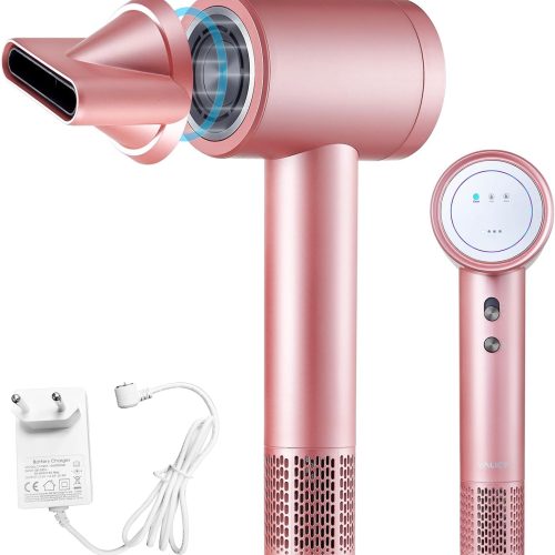 Cordless Ionic Hair Dryer with Digital Screen, 4 Mode Charging Blow Dryer with Magnetic Nozzle, Travel Hair Dryer for Women Kids Outdoor Camping Beaches (Pink)