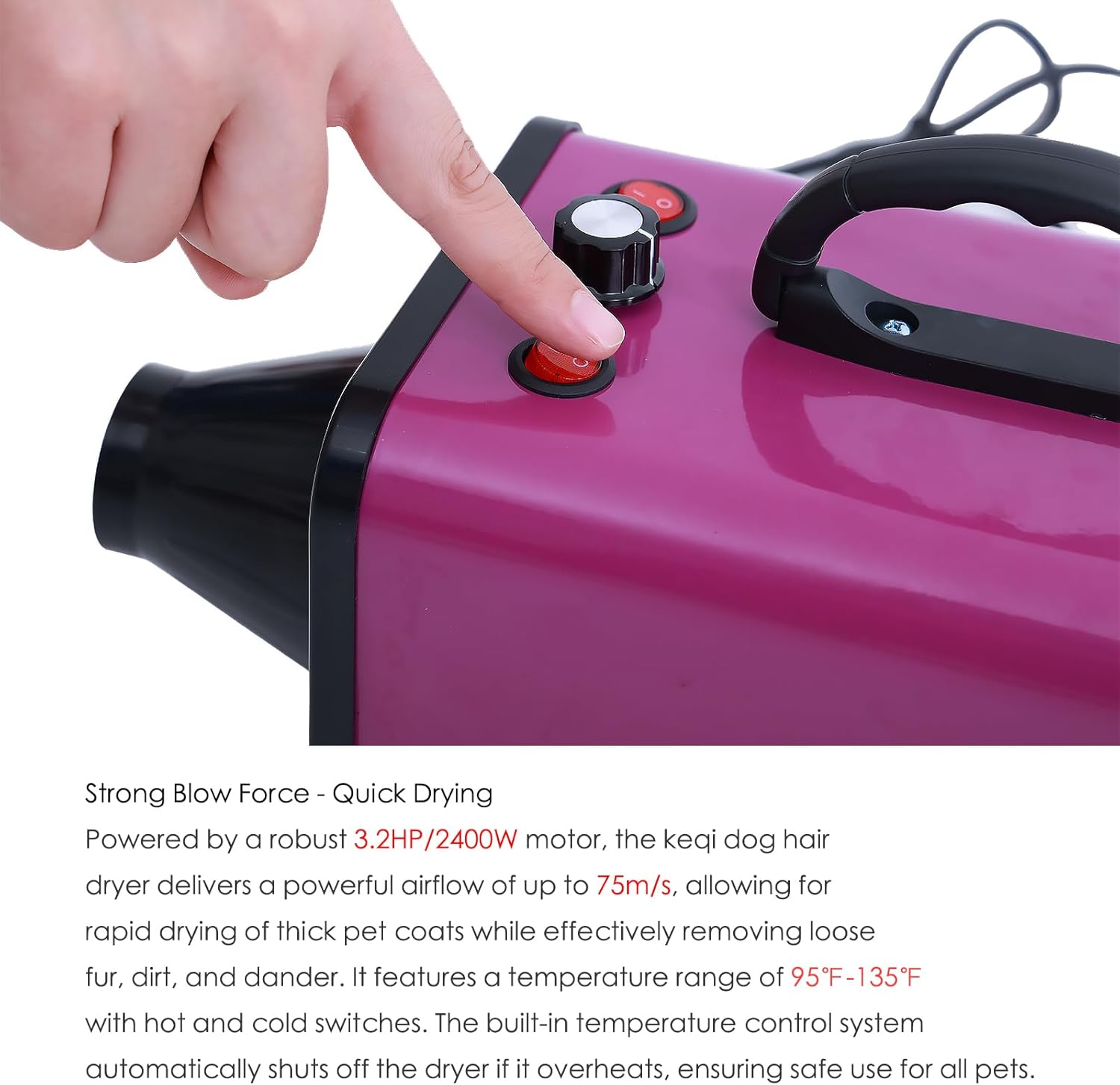 2400w 75m/s Dog Dryer for Pet Grooming, High Velocity Pet Hair Dryer with Heater, Adjustable Speed, 4 Nozzles and a Comb, Purple - Image 2