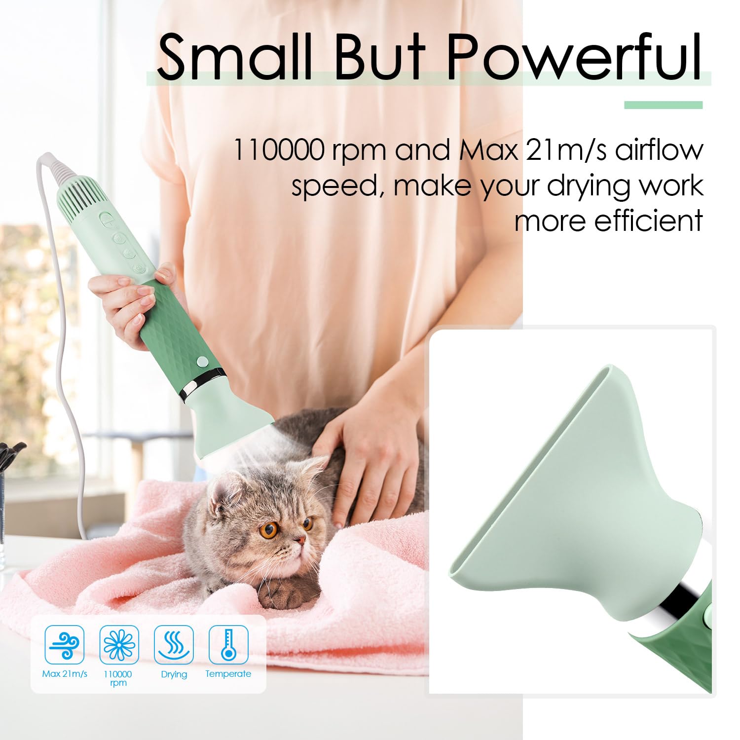 Dog Hair Dryer for Pet Grooming High Velocity Force Blower - Lightweight Portable Dog Dryer for Small Medium Large Dogs Grooming Hair Dryer - 4 Levels Temperature 3 Blow Speed 4 Nozzle Green - Image 2