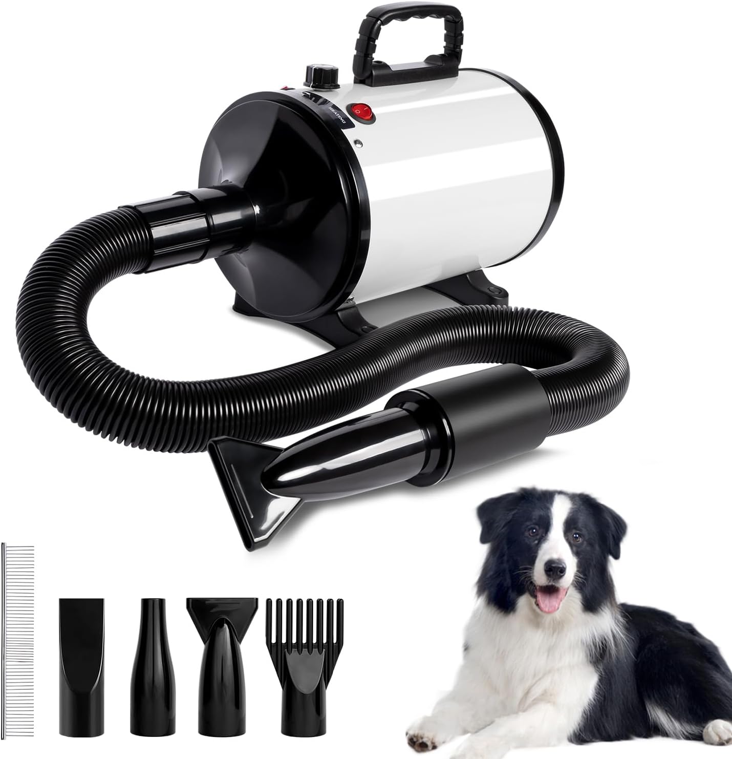 Dog Dryer for Grooming,High Velocity Dog Hair Dryer Force Blower with 4 Nozzles,Adjustable Speed Pet Blow Dryer,Noise Reduction,Heat Insulation,White