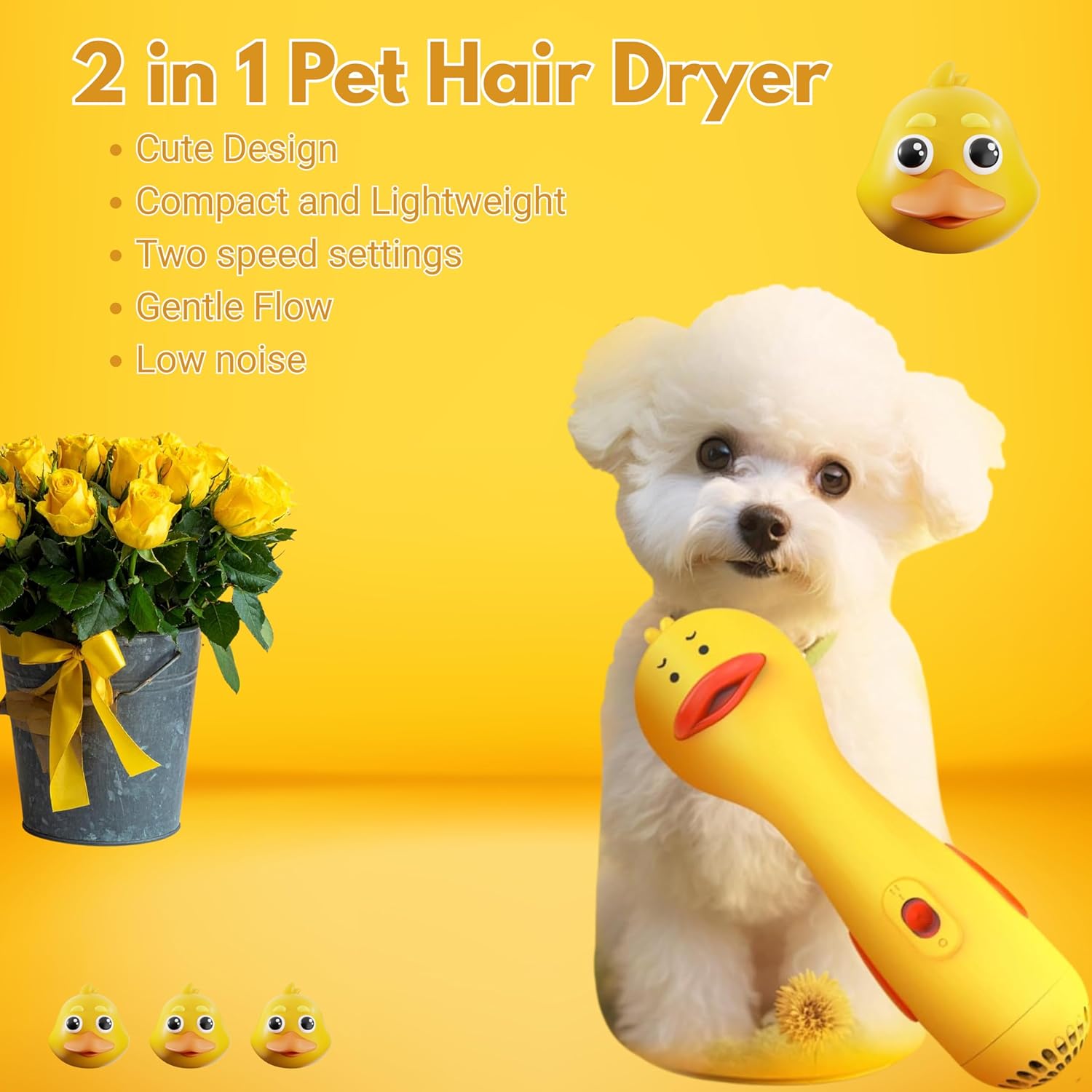 Pet Hair Dryer - Quiet Dog Blower Grooming Dryer – 2-in-1 Dog Dryer for Pet Grooming with Replaceable Slicker Brush, Compact Lightweight ABS Dogs Blower, Low Noise for Cats, Puppies & Dogs - Image 2