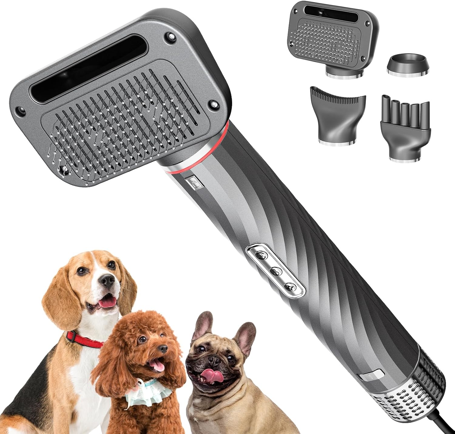 Dog Hair Dryer with Slicker Brush, High Velocity Pet Blow Dryer for Grooming, Low Heat Low Noise Dog Grooming Supplies for Home Use, Includes 4 Nozzles for Drying & Brushing, Gray